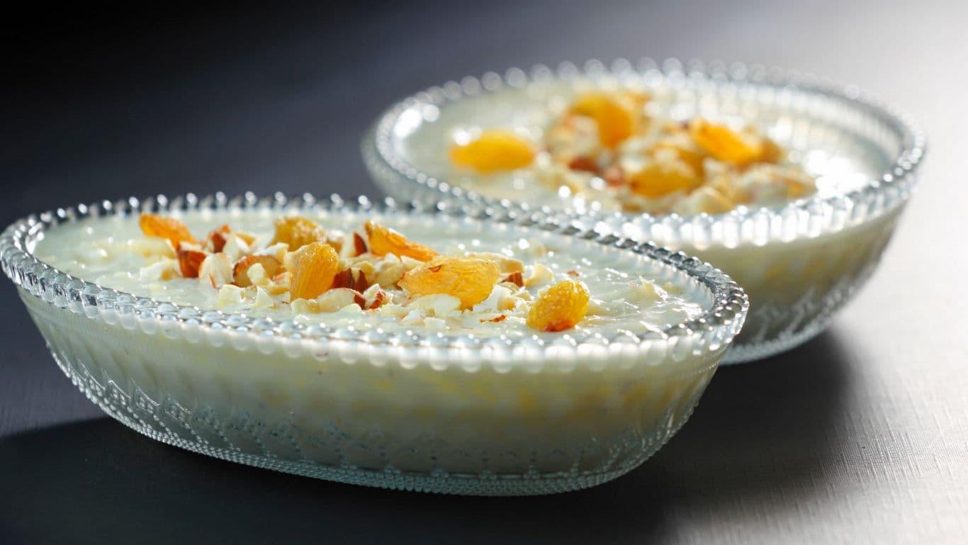 Creamy rice pudding with nuts and fruit