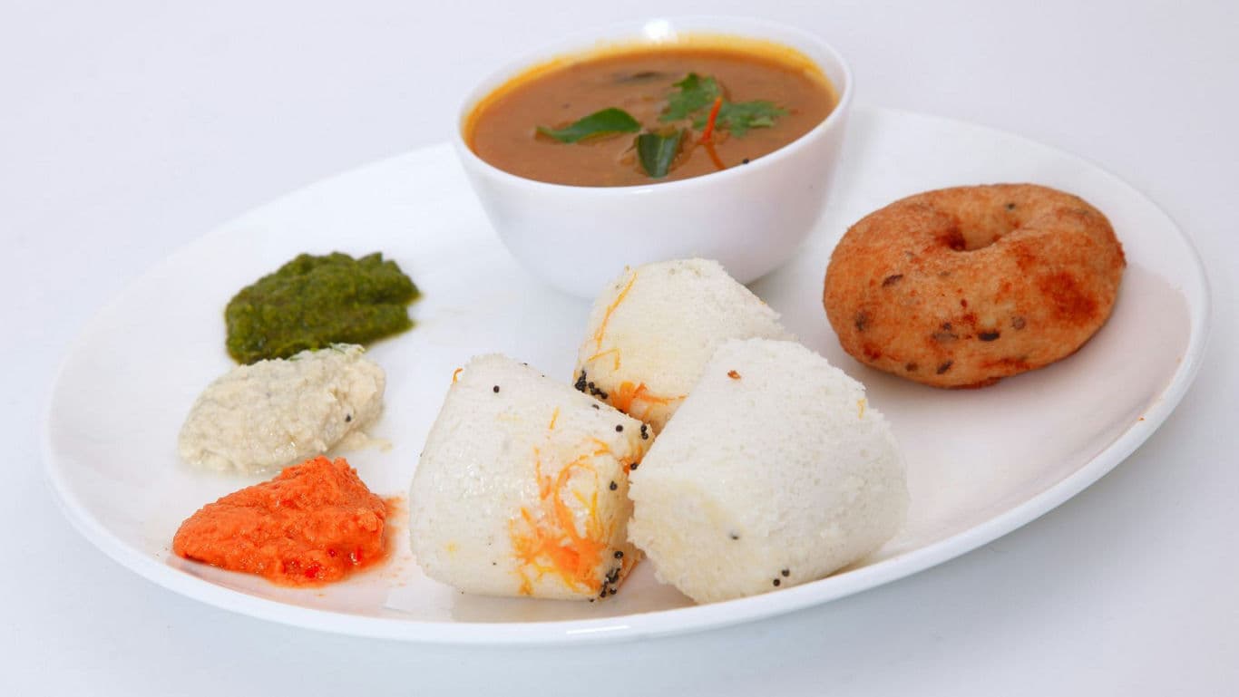 South Indian breakfast plate with idli and vada