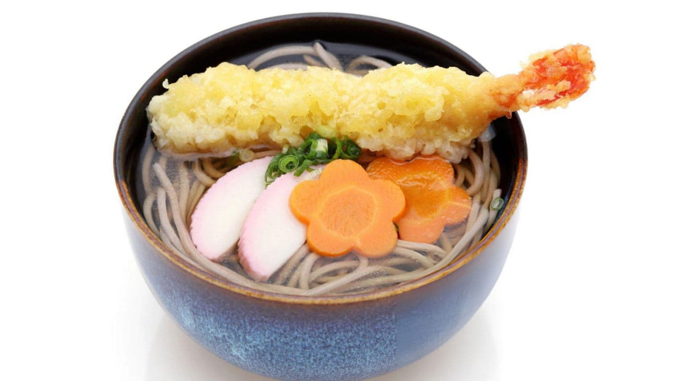Bowl of soba noodles with tempura shrimp