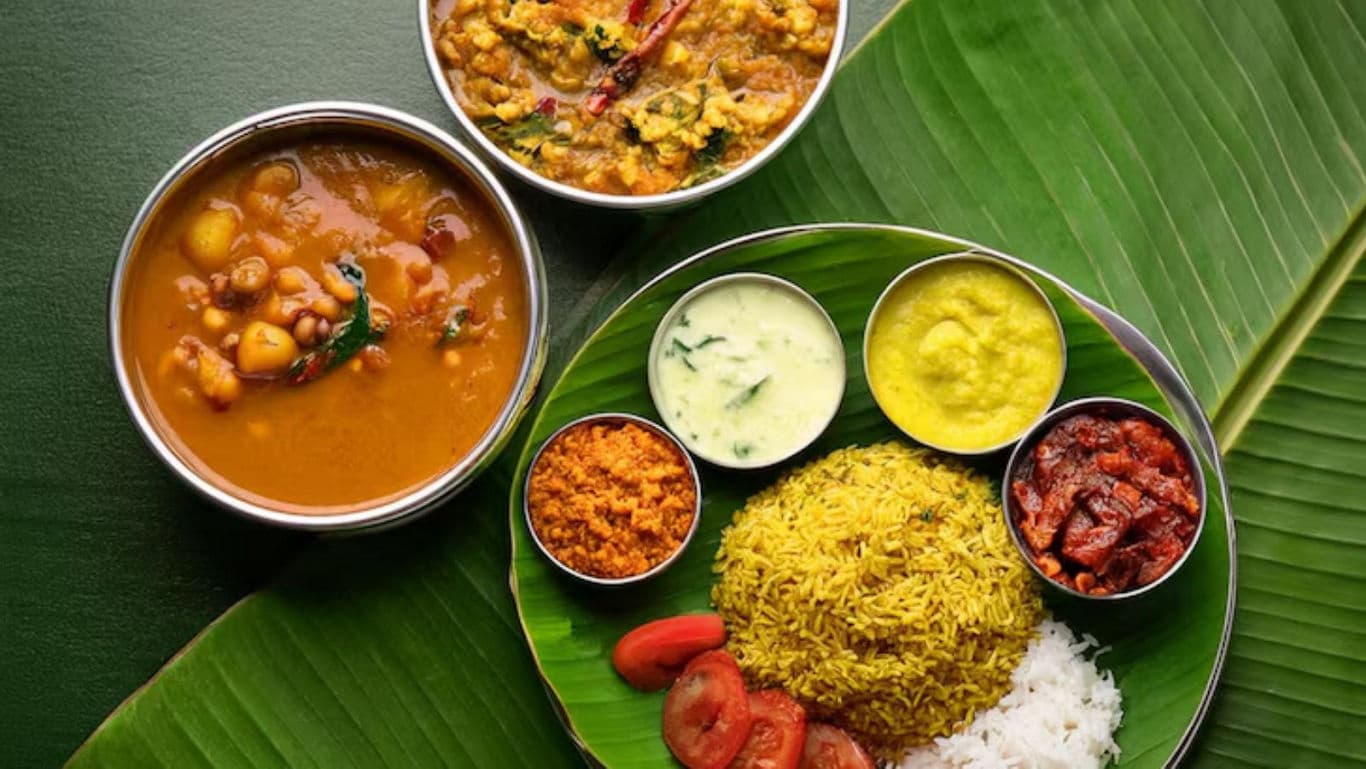 Traditional South Indian Vegetarian Meal on Banana Leaf