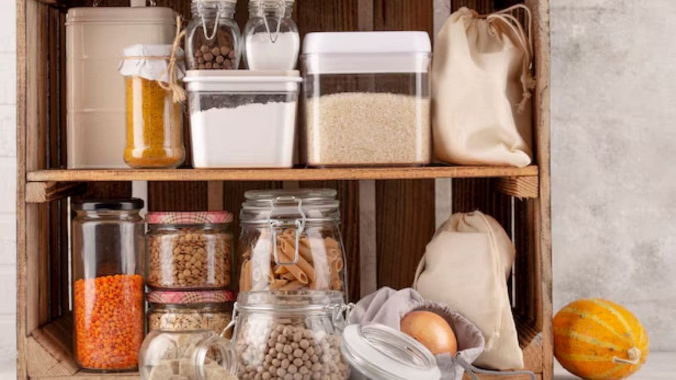 Pantry Shelf with Jars of Dry Goods and Produce