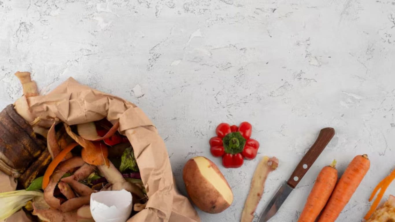 Vegetable scraps and food waste on kitchen counter
