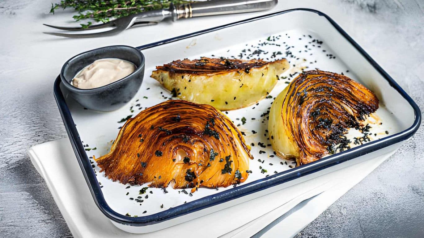 Roasted Cabbage Wedges with Herb Garnish and Dip