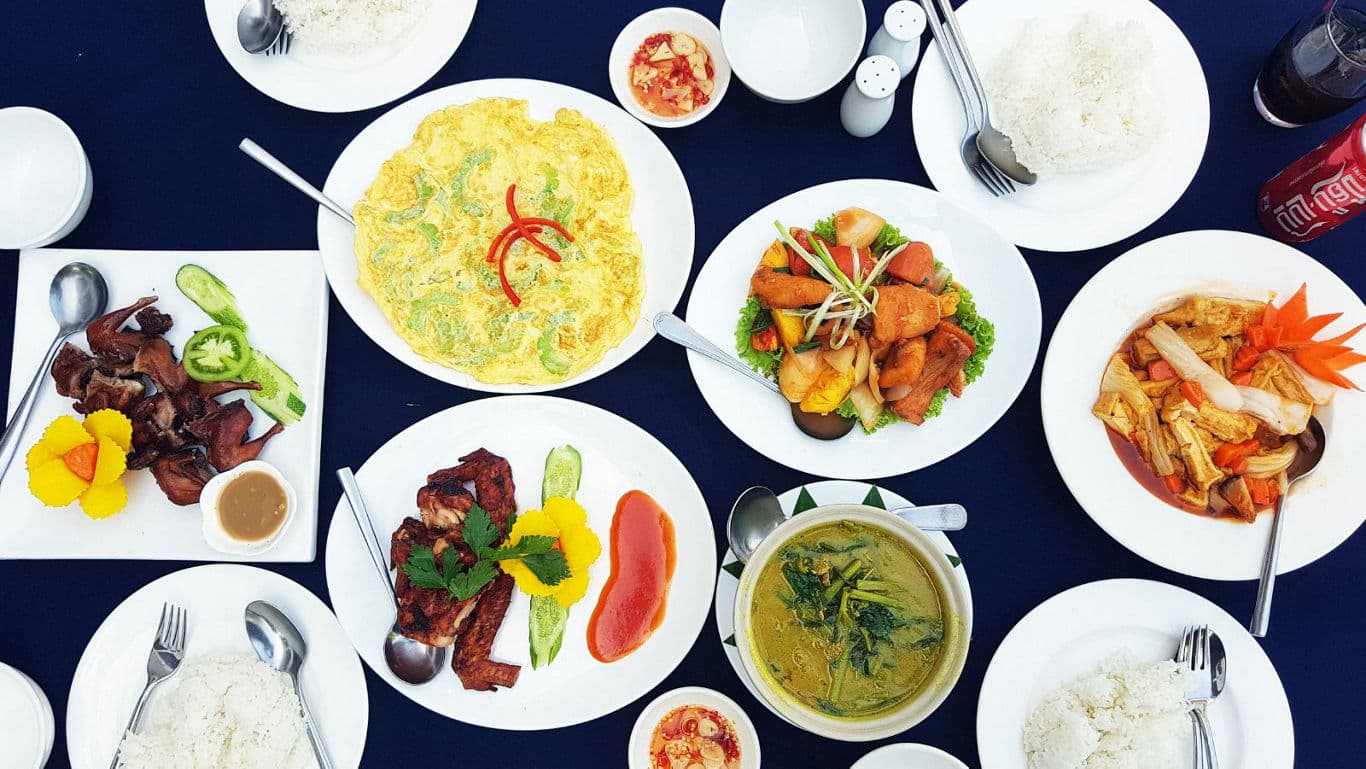 Cambodian food laid out on a table.