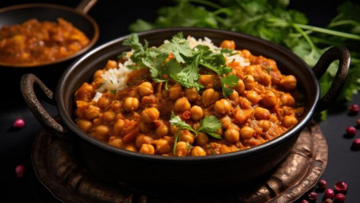 Spiced chickpea curry with rice garnish