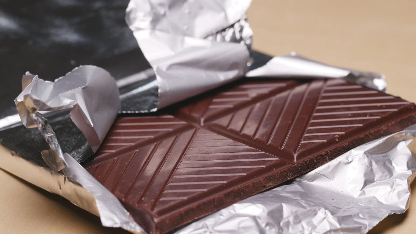 Unwrapped chocolate bar on foil wrapper