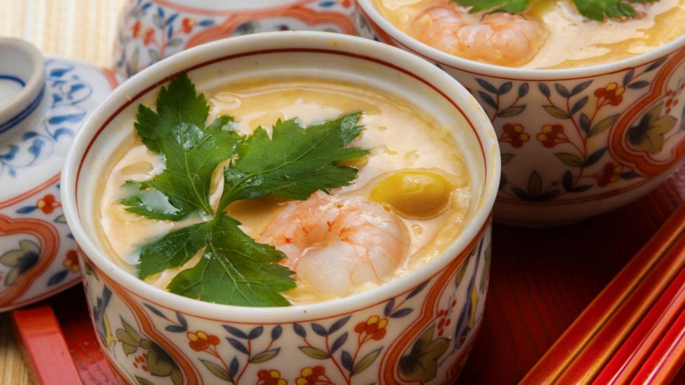 Steamed egg custard with shrimp in bowls