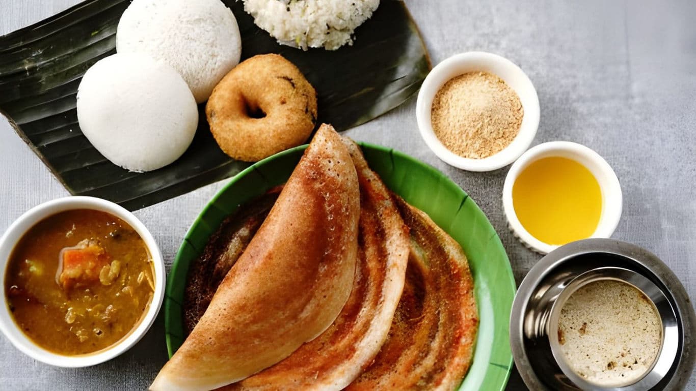 South Indian breakfast with dosa and idli