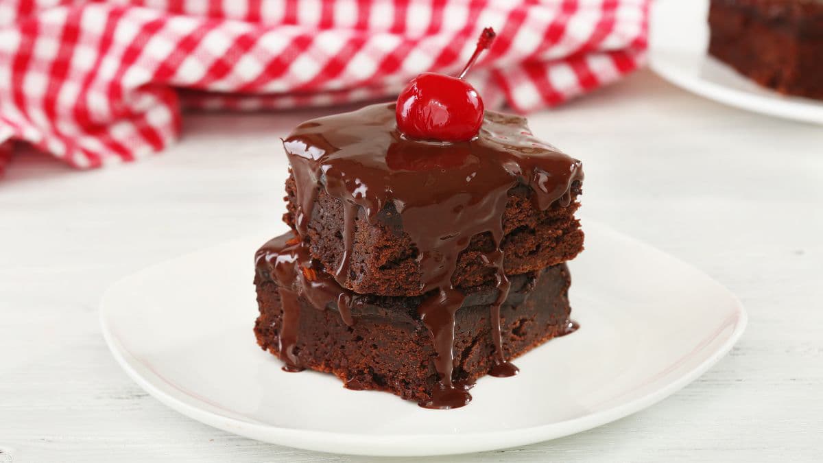 Two slices of cherry fudge cake