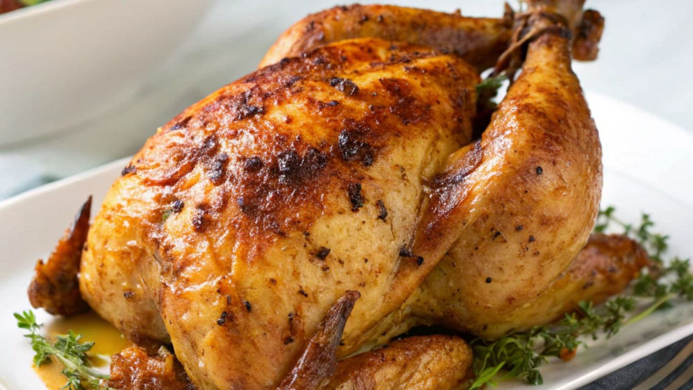 Golden roasted whole chicken on white serving platter
