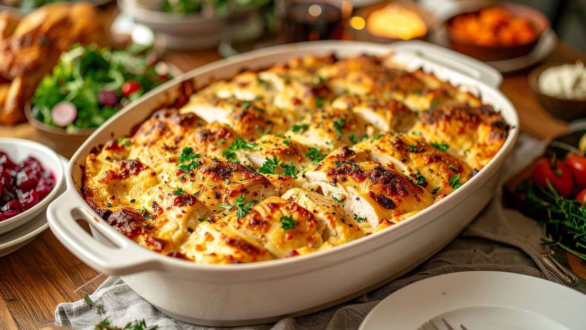 Baked chicken casserole on dining table