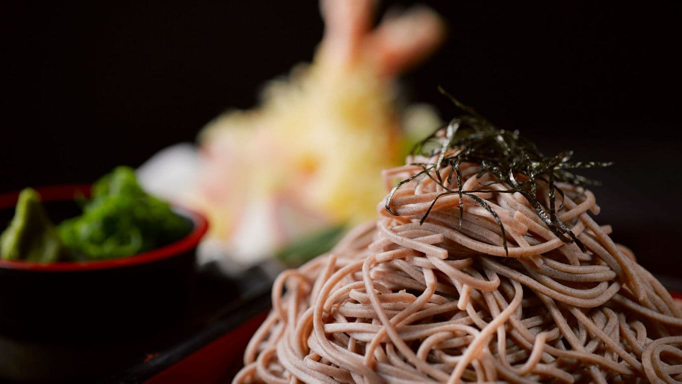 Close-up of chilled soba noodles dish