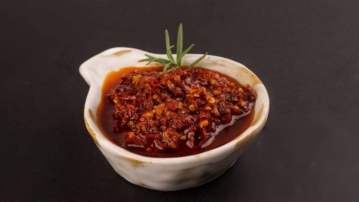 Spicy Chili Oil in White Ceramic Bowl