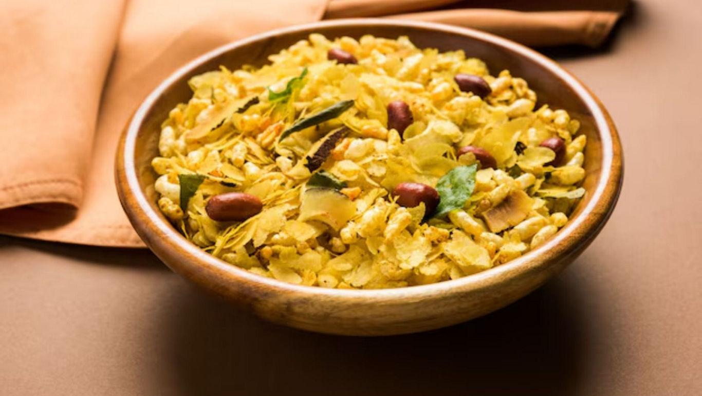 Traditional Indian snack mix in wooden bowl
