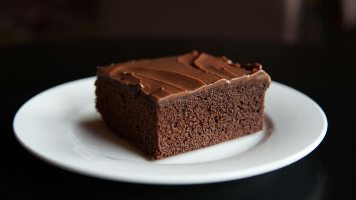 A square chocolate cake piece