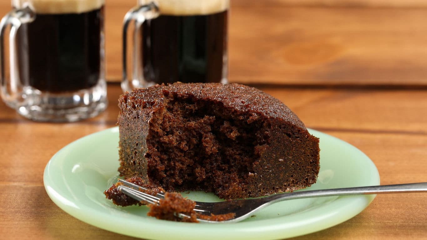 Slice of chocolate cake with dark beer