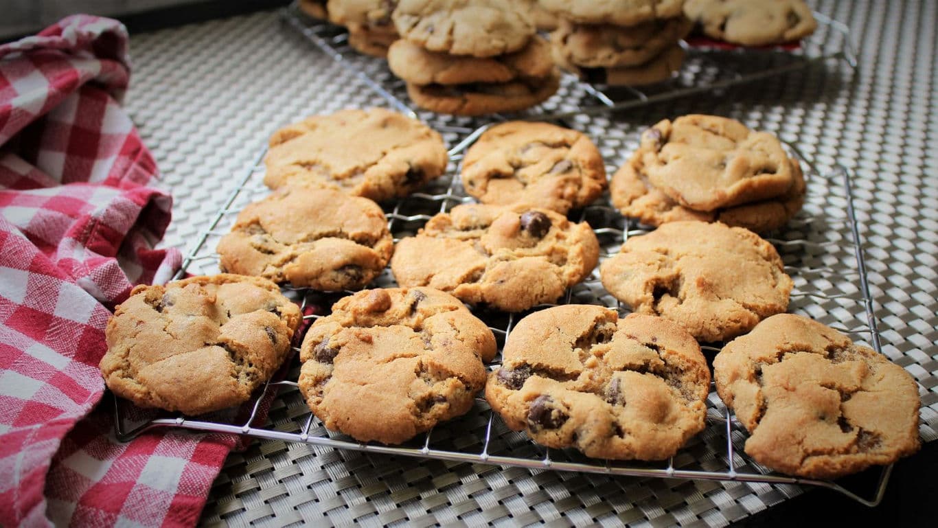 Freshly baked chocolate chip cookies on cooling rack