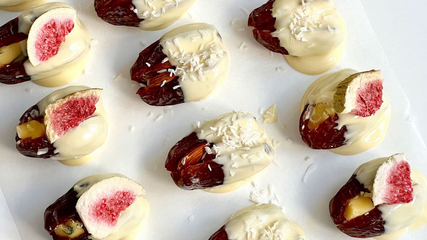 Chocolate-dipped and stuffed dates.