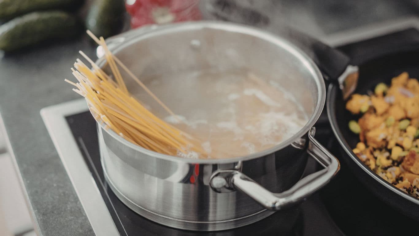 Spaghetti Boiling in Stainless Steel Pot