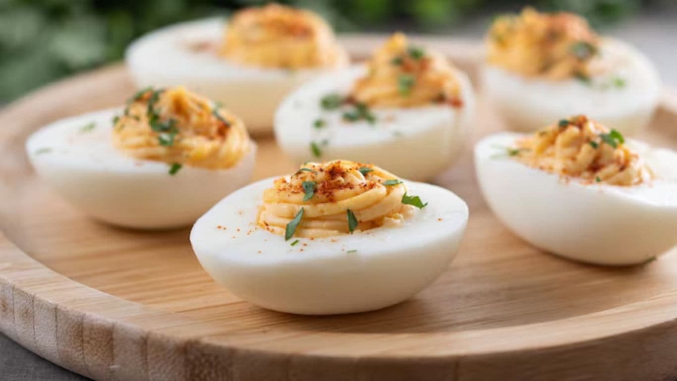 Classic Deviled Eggs on Wooden Serving Board