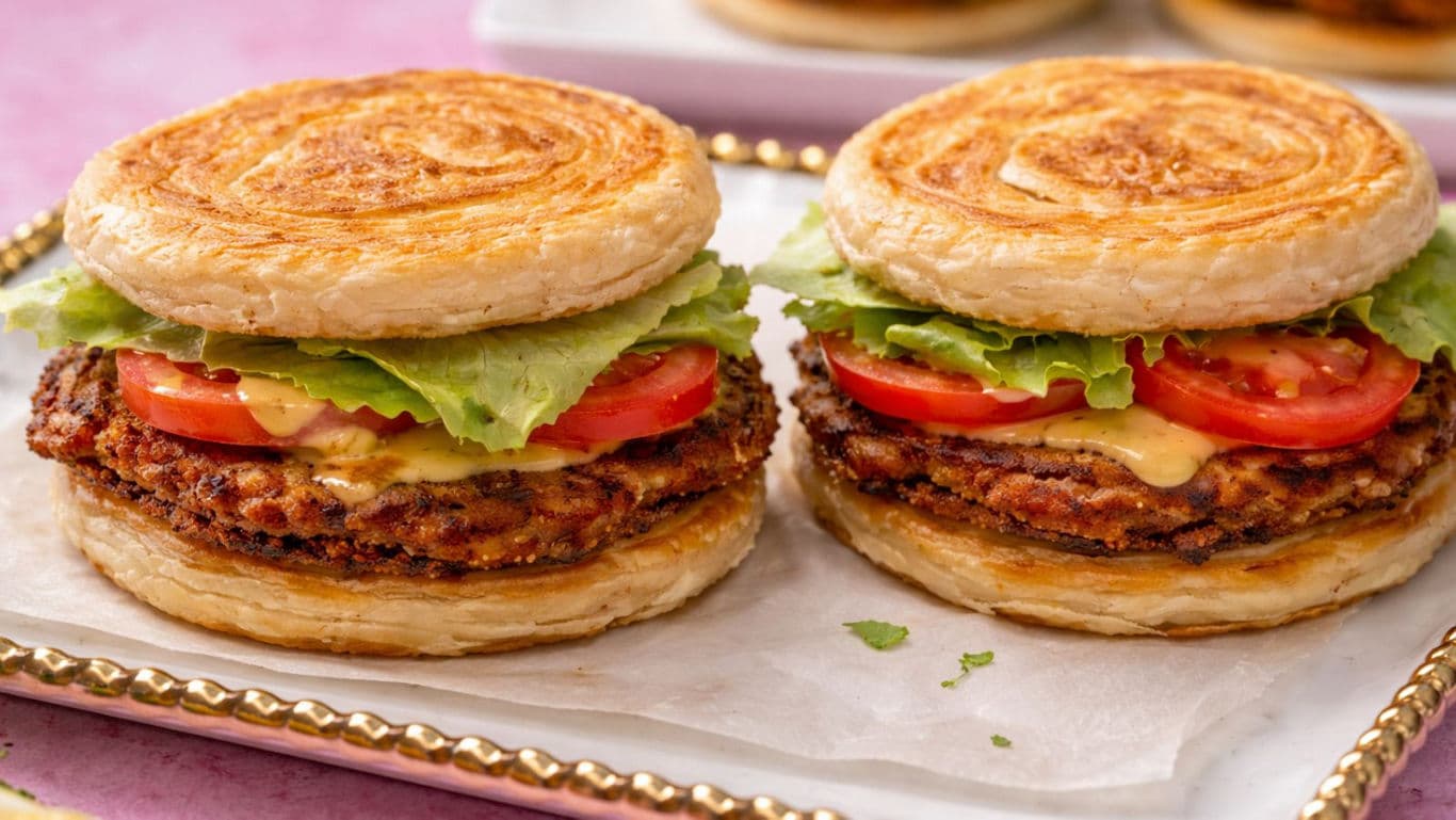 Two gourmet veggie burgers with puff pastry buns