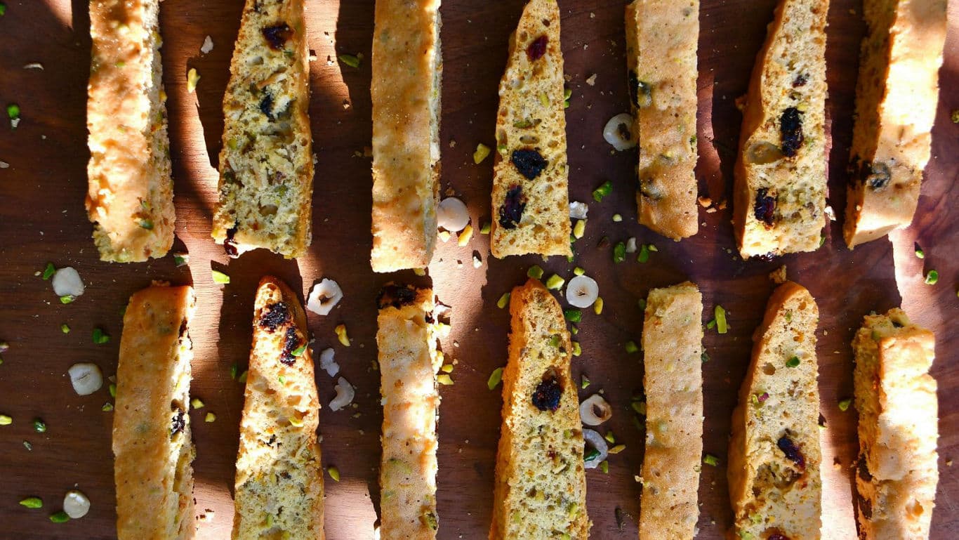 Rows of nut and fruit biscotti slices