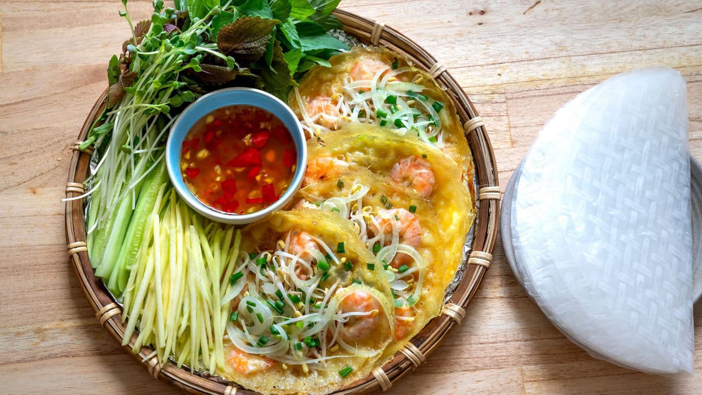 Vietnamese shrimp crepes with fresh herbs