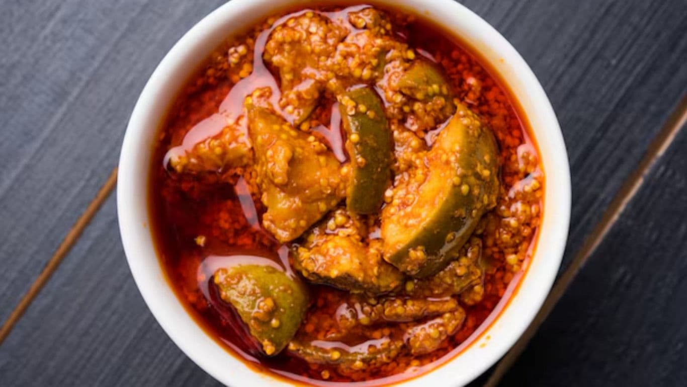 Spicy Indian Mango Pickle in White Bowl