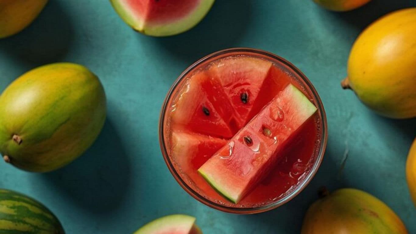 Fresh watermelon slices in glass with whole melons