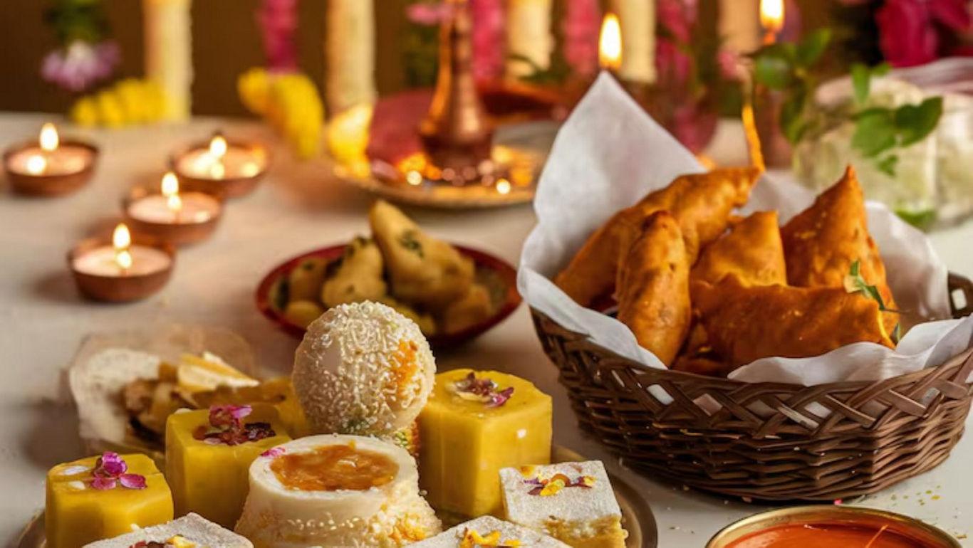 Festive Indian sweets and snacks display