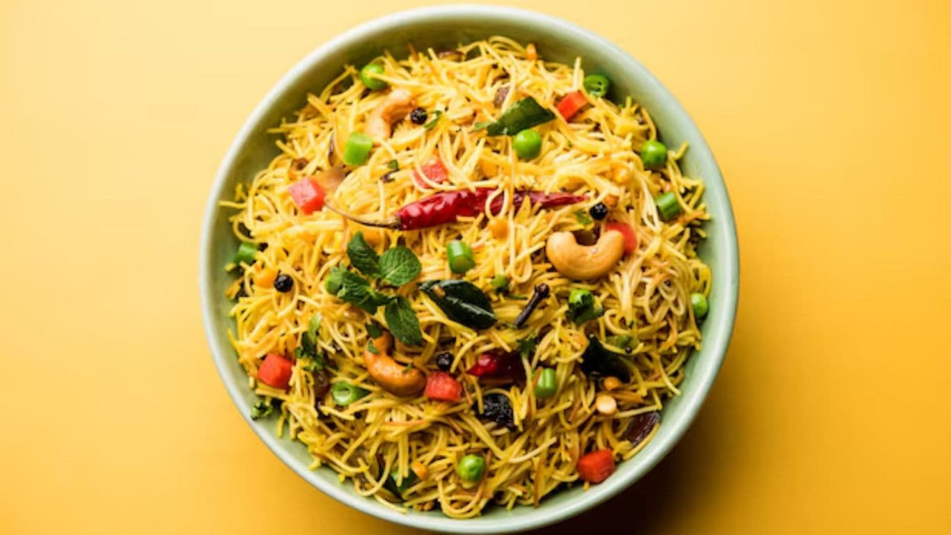 Colorful Indian Vermicelli Upma in Green Bowl
