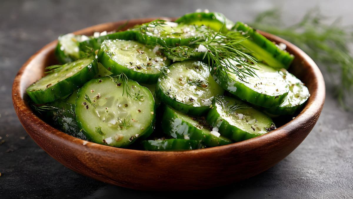 Cucumber salad in a brown bowl