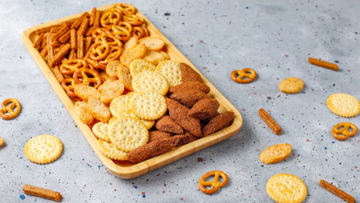 Assorted savory snacks on wooden tray