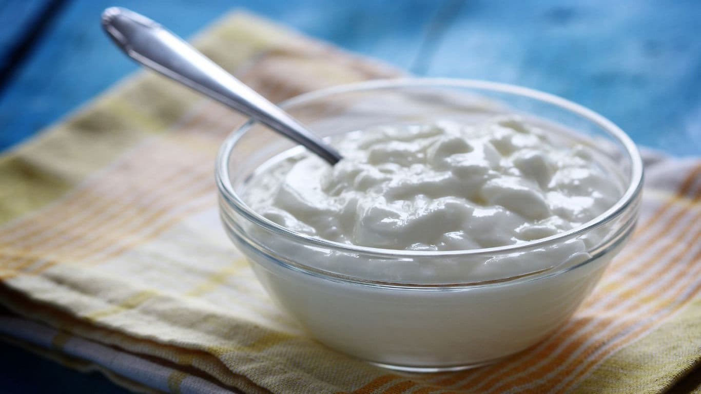 Glass bowl of creamy white yogurt