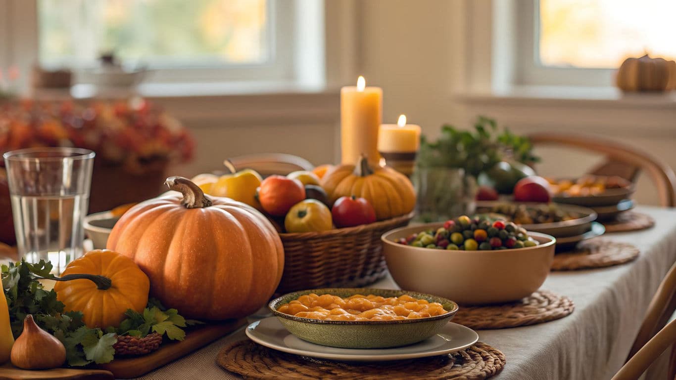 Festive autumn table with pumpkins and candles