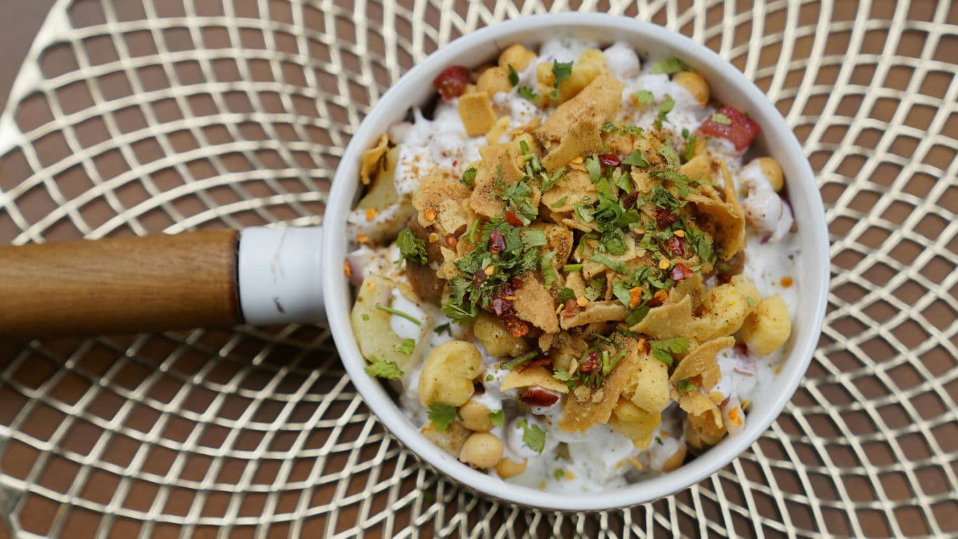 Bowl of savory Indian chaat snack