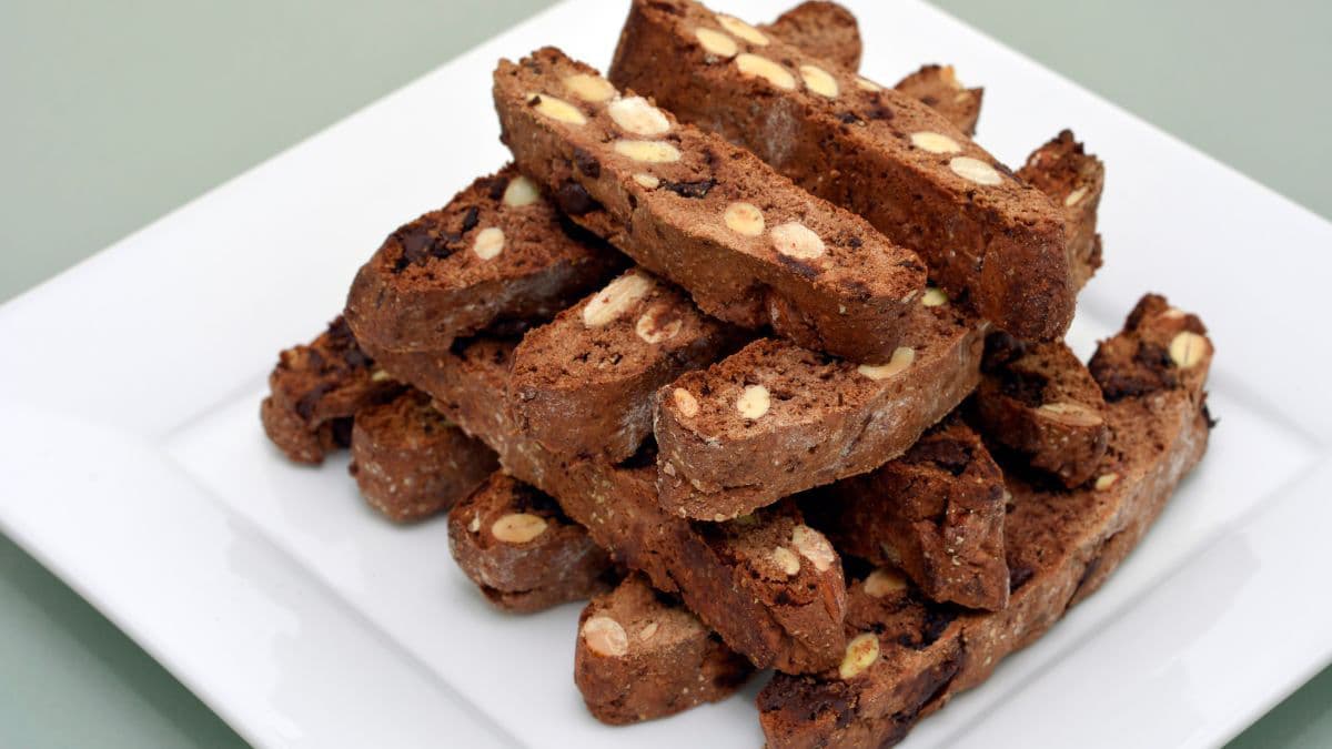 Chocolate biscotti on a white plate