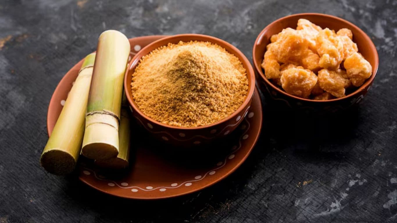 Sugarcane, Jaggery, and Powdered Sugar in Bowls