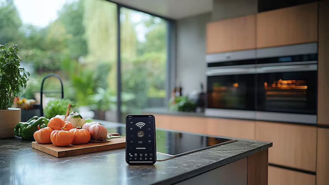 Smartphone on modern kitchen counter