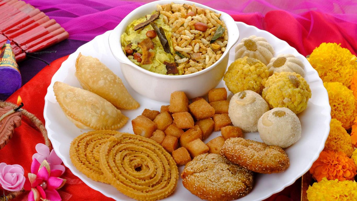 Traditional Indian snacks on festive display