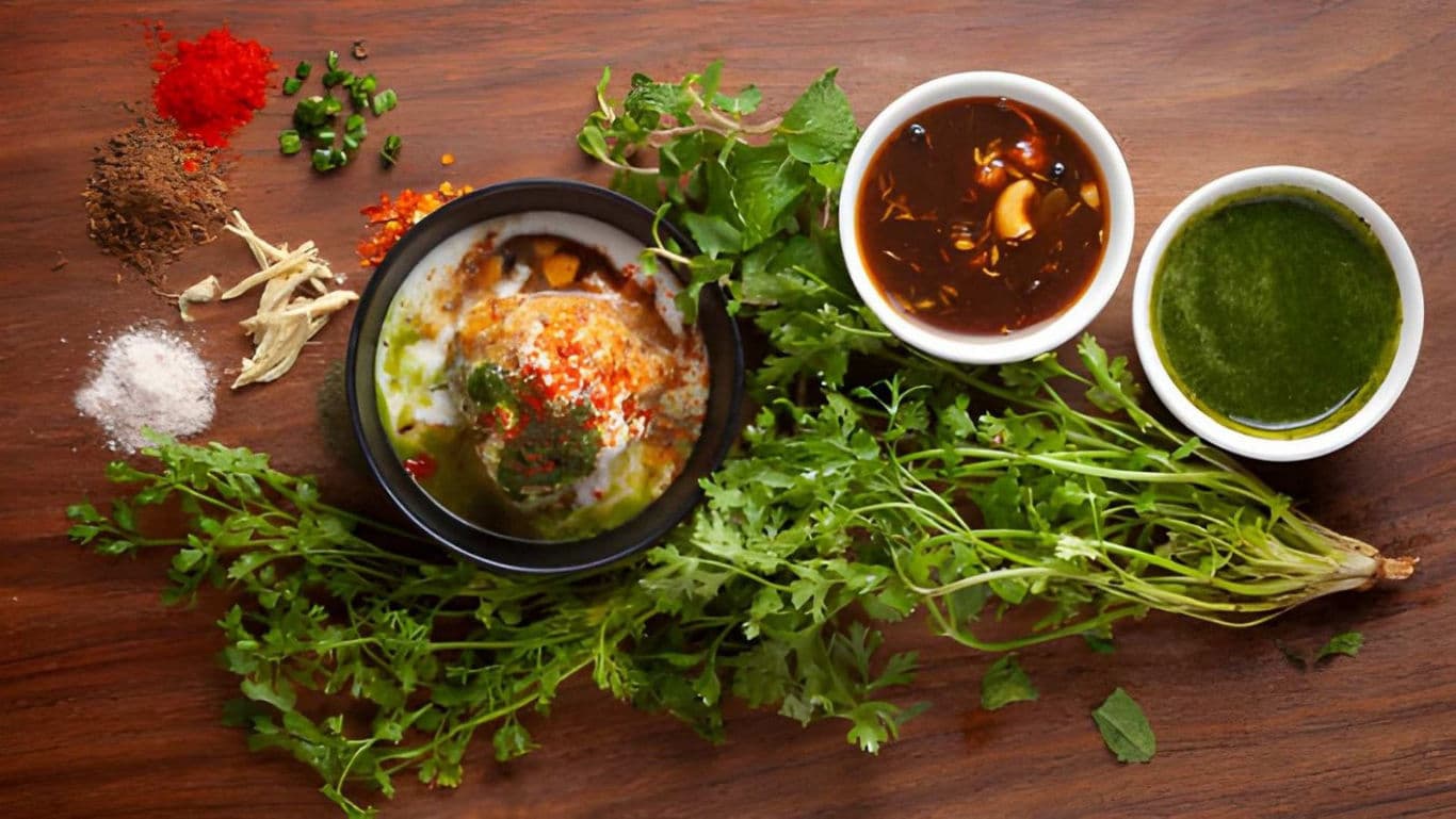 Indian street food dahi puri with chutneys and herbs