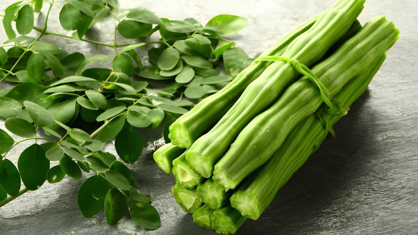 Fresh Moringa Drumsticks and Leaves on Table