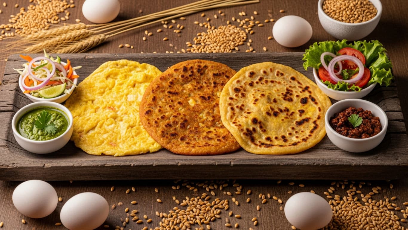 A plating of three egg paratha styles: scrambled, fried and omelette pocket