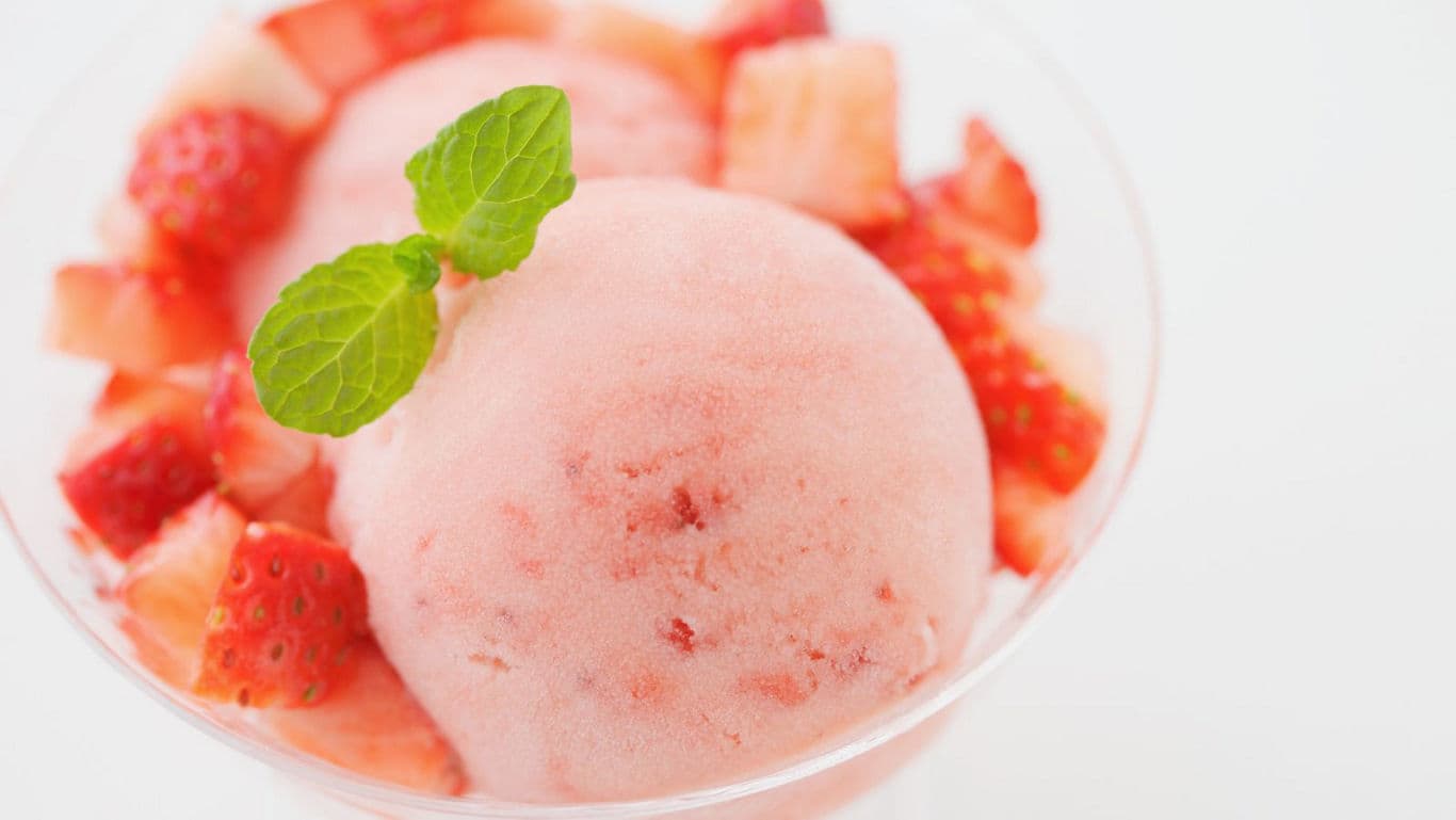 Strawberry sorbet dessert with fresh mint