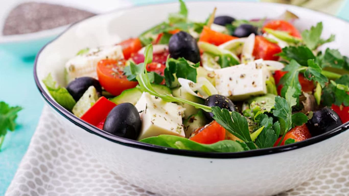 Fresh Greek salad with feta cheese and olives