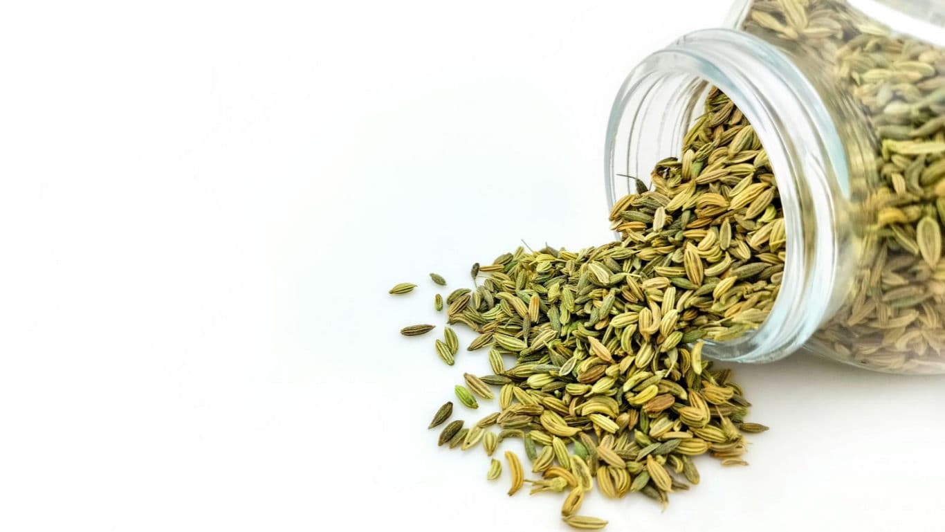 Glass jar spilling dried fennel seeds