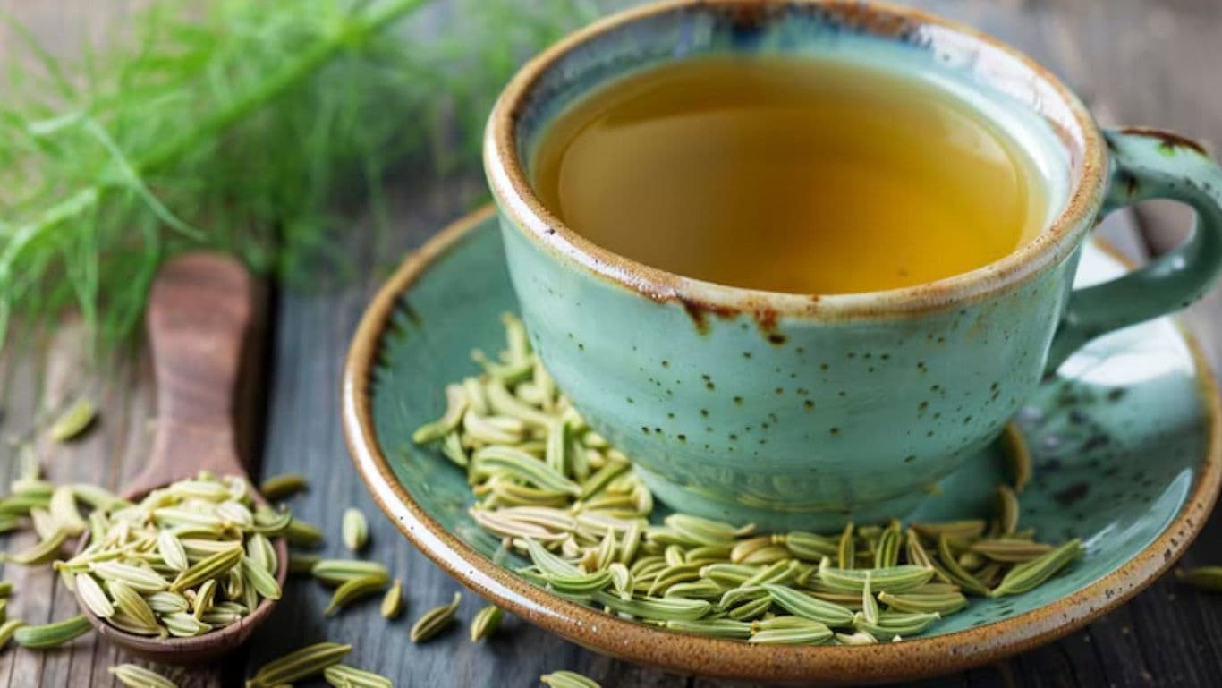 Green ceramic cup with fennel tea