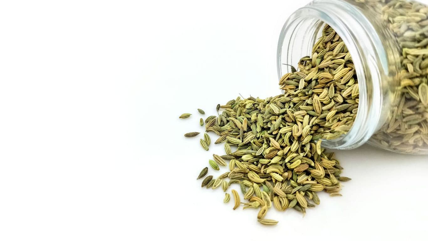 Fennel Seeds Spilled from Glass Jar on White