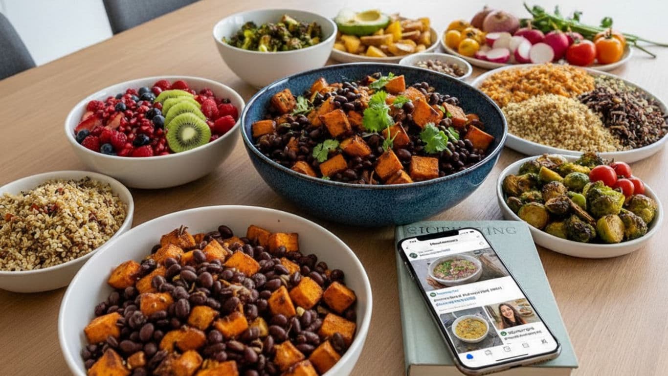 Kitchen table covered in colourful plant-based foods 