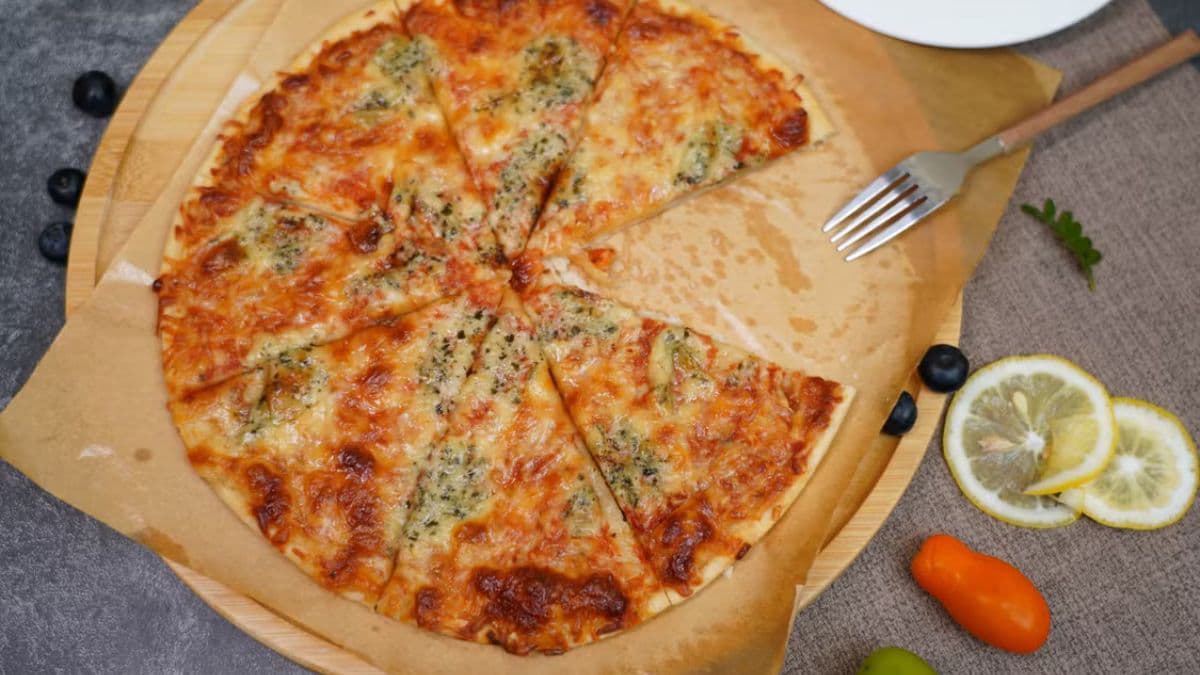 Cheese pizza on a table